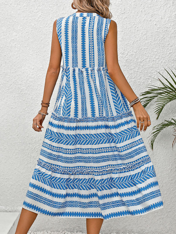 Mykonos Frill Printed Notched Sleeveless Dress