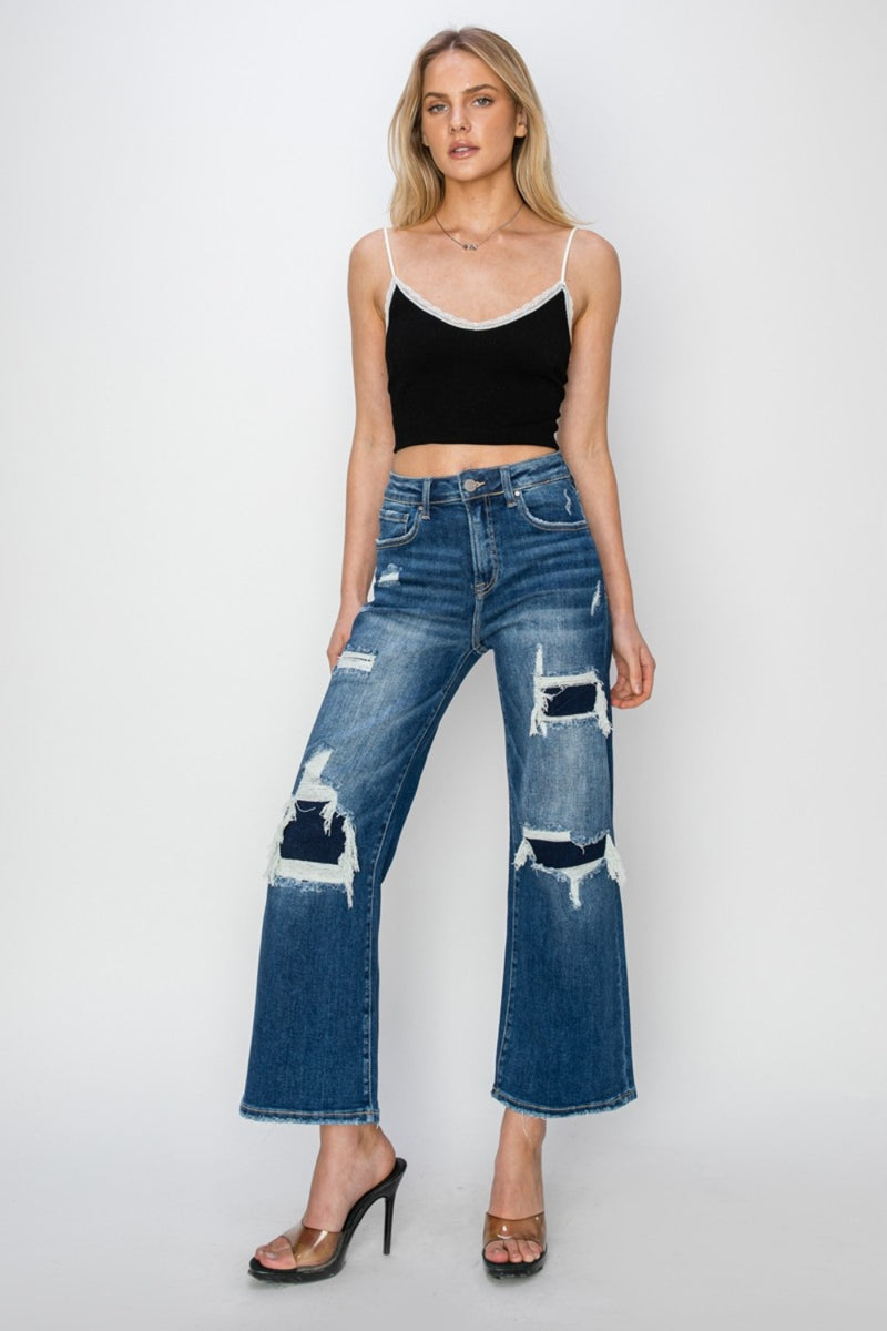 High Rise Patch Detailed Wide Leg Crop Jeans