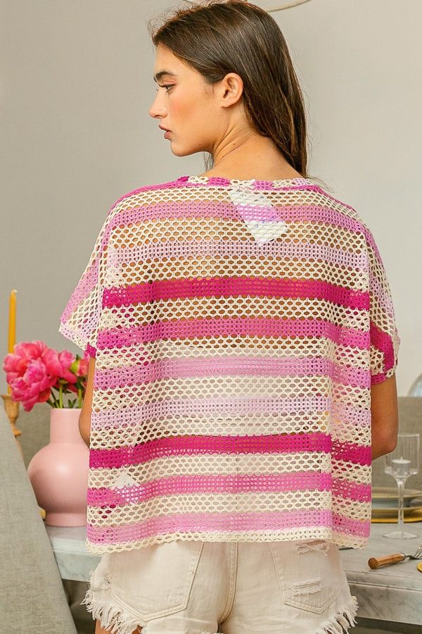 i Striped Openwork Short Sleeve Knit Cover Up