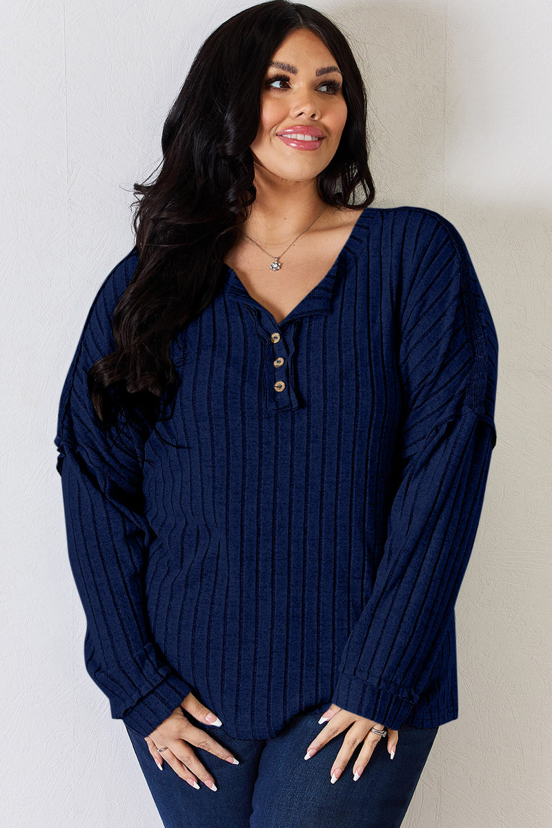 Ribbed Half Button Long Sleeve Top