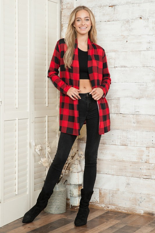 Plus Plaid Long Sleeve Cardigan with Sequin Elbow
