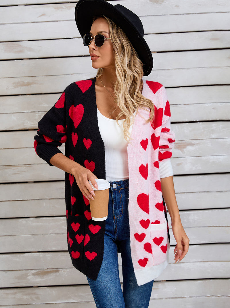 3 COLORS Heart Open Front Long Sleeve Cardigan