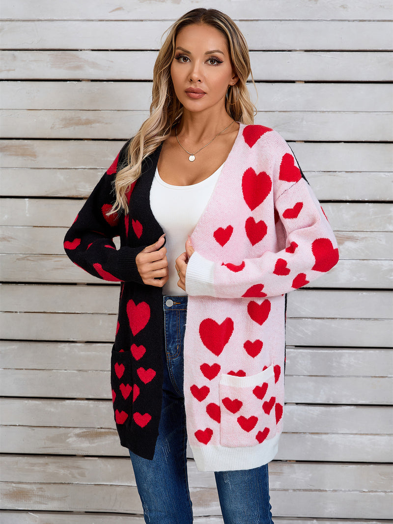 3 COLORS Heart Open Front Long Sleeve Cardigan