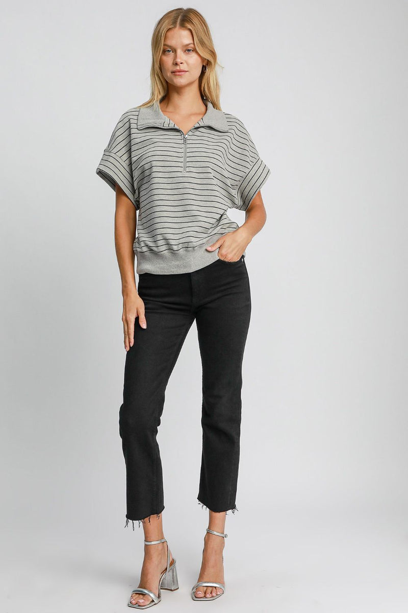 Striped Half Zip Short Sleeve Sweatshirt