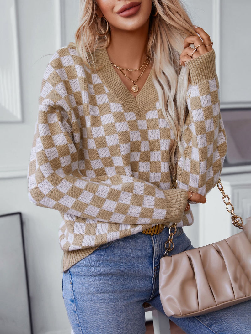 3 COLORS Checkered V-Neck Dropped Shoulder Sweater