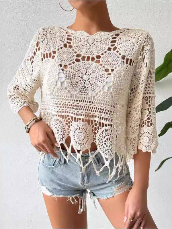 *2 COLORS* Festival Vibes Openwork Round Neck Top
