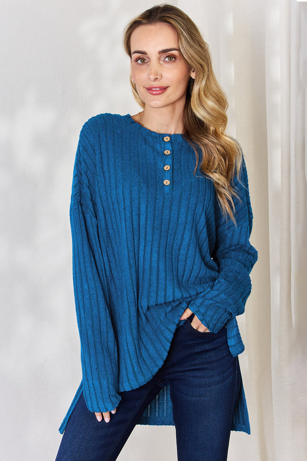 *5 COLORS* Casual Half Button Long Sleeve High-Low Top