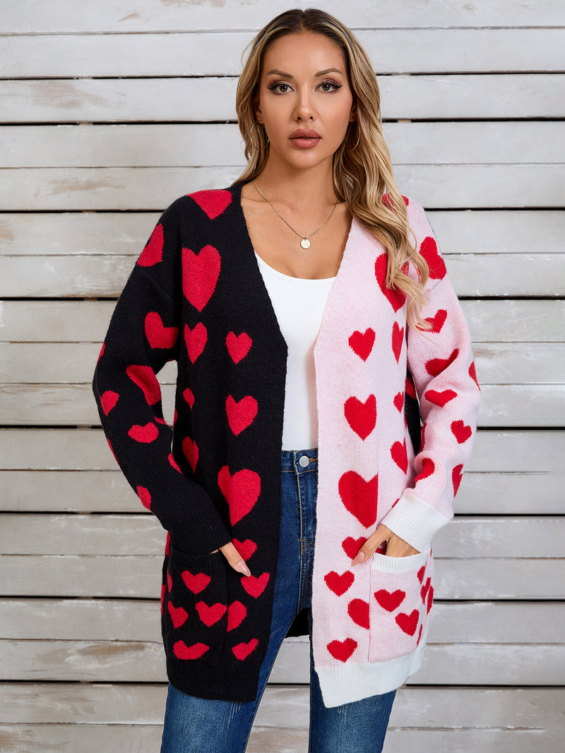 3 COLORS Heart Open Front Long Sleeve Cardigan