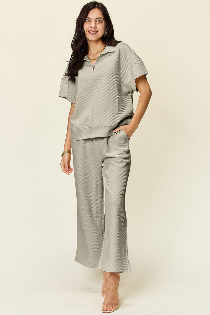 *6 COLORS* Double Take Textured Half Zip Short Sleeve Top and Pants Set