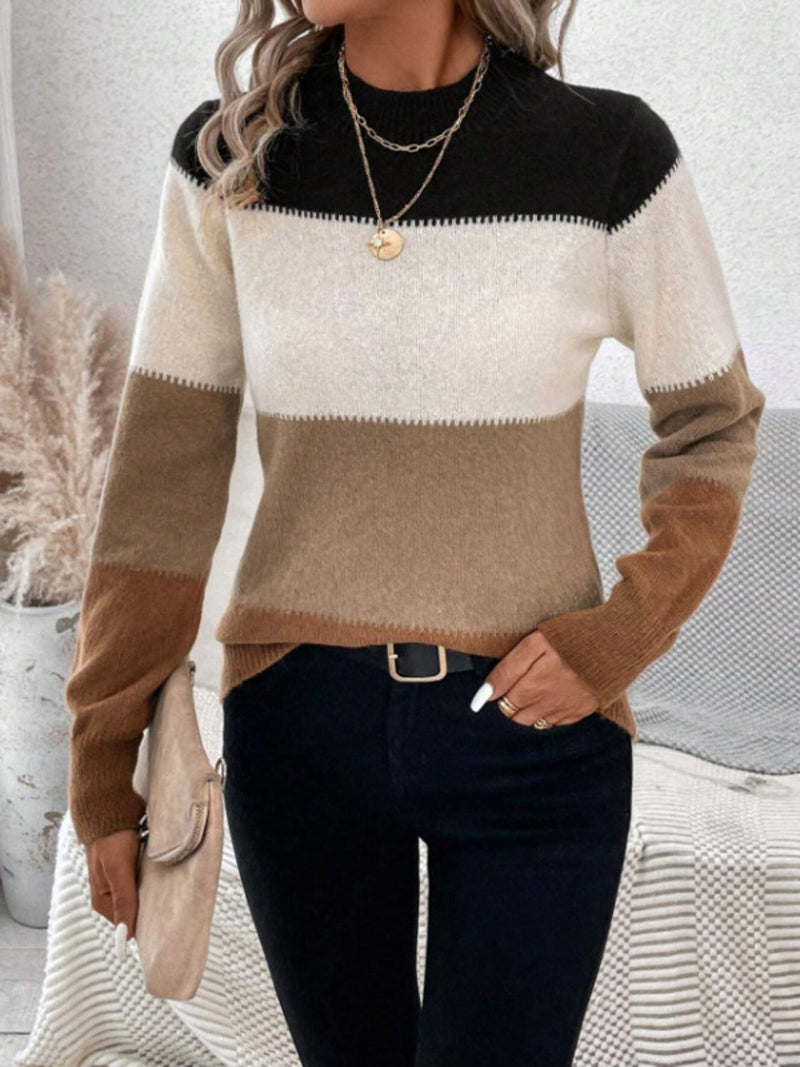 6 COLORS Color Block Mock Neck Long Sleeve Sweater