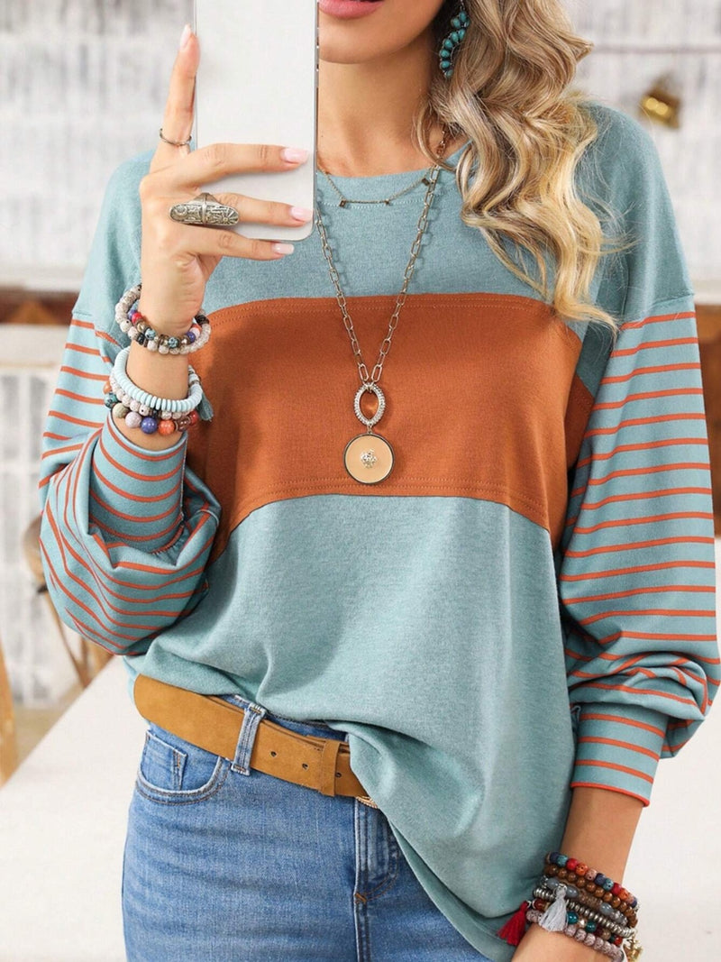 Round Neck Striped Long Sleeve Slit Top