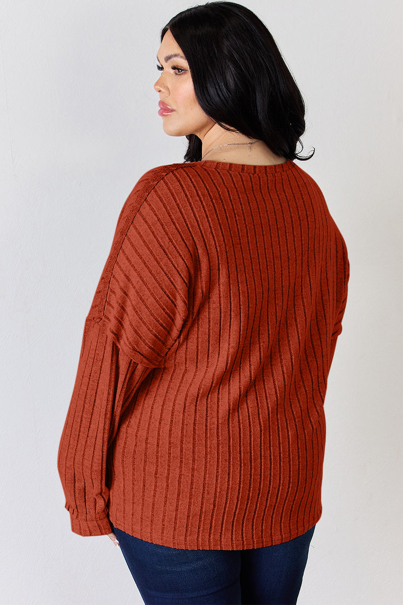 Ribbed Half Button Long Sleeve Top