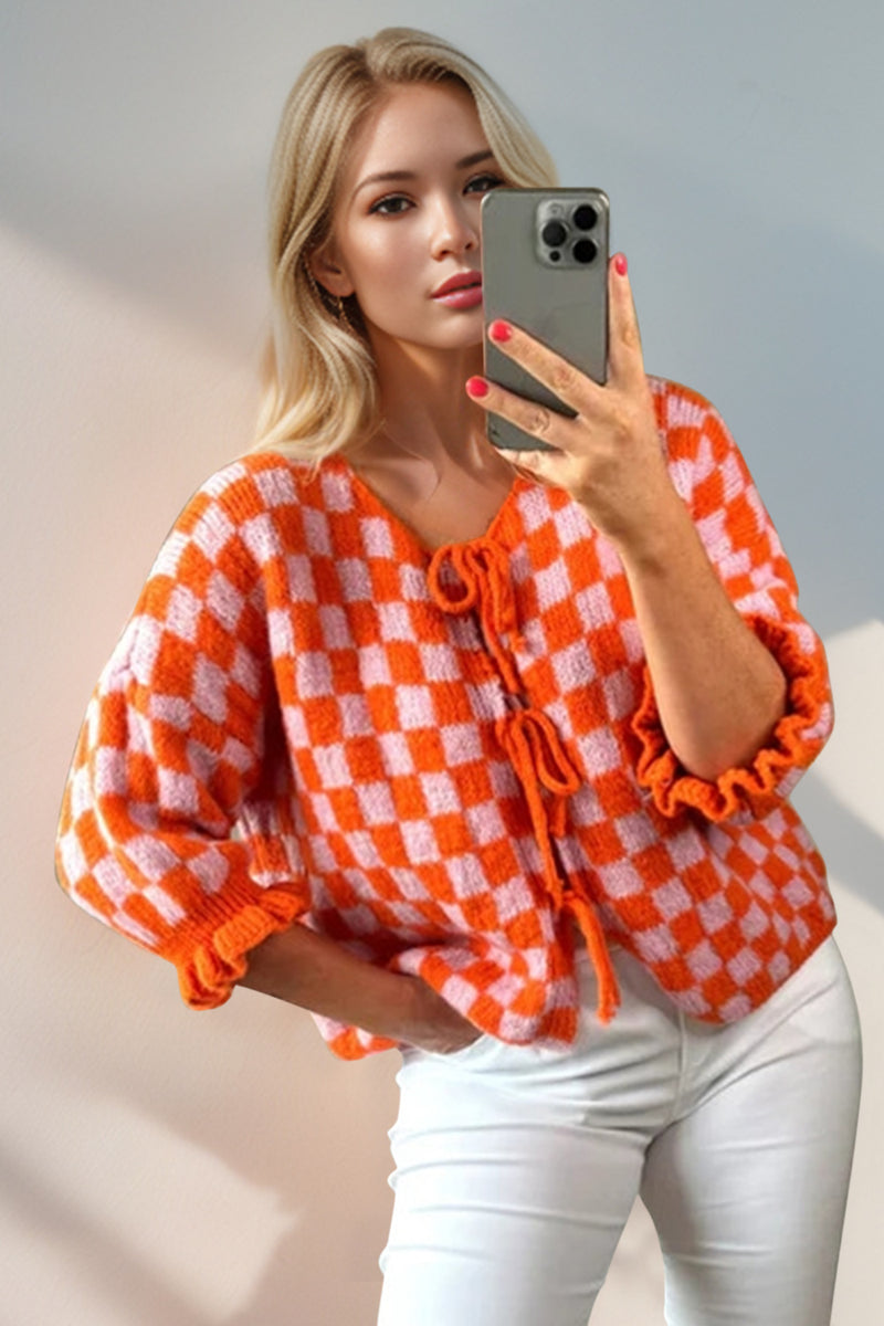 7 COLORS Checkered Dropped Shoulder Flounce Sleeve Cardigan