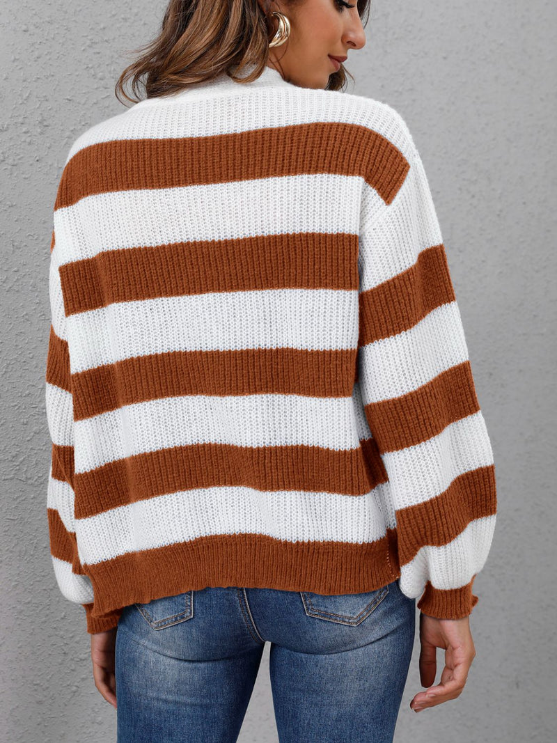 4 COLORS - Striped Button Up Long Sleeve Sweater