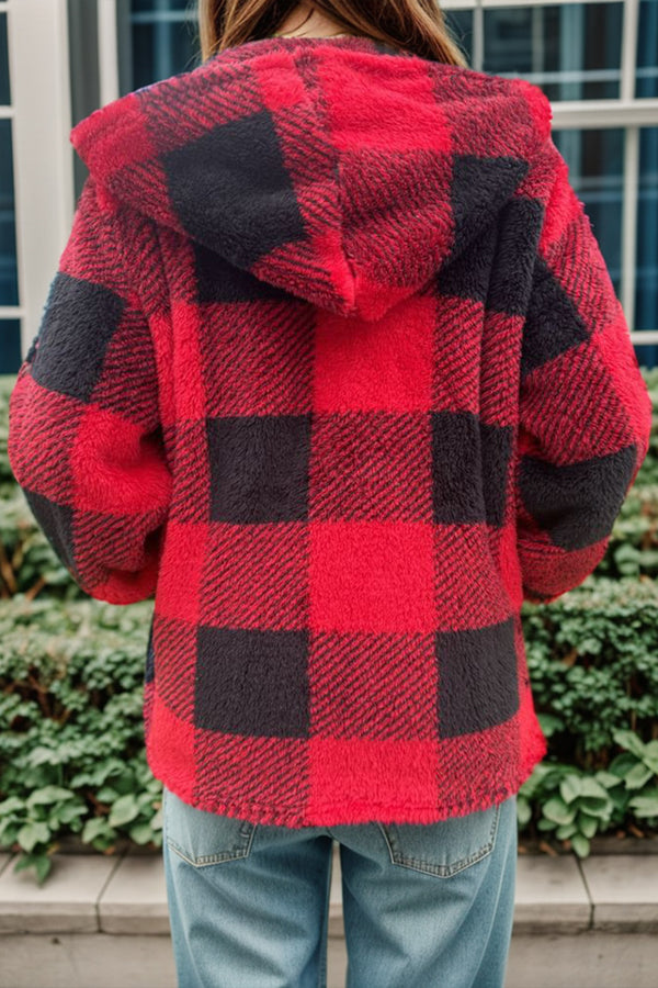 4 COLORS - Plaid Long Sleeve Hooded Coat