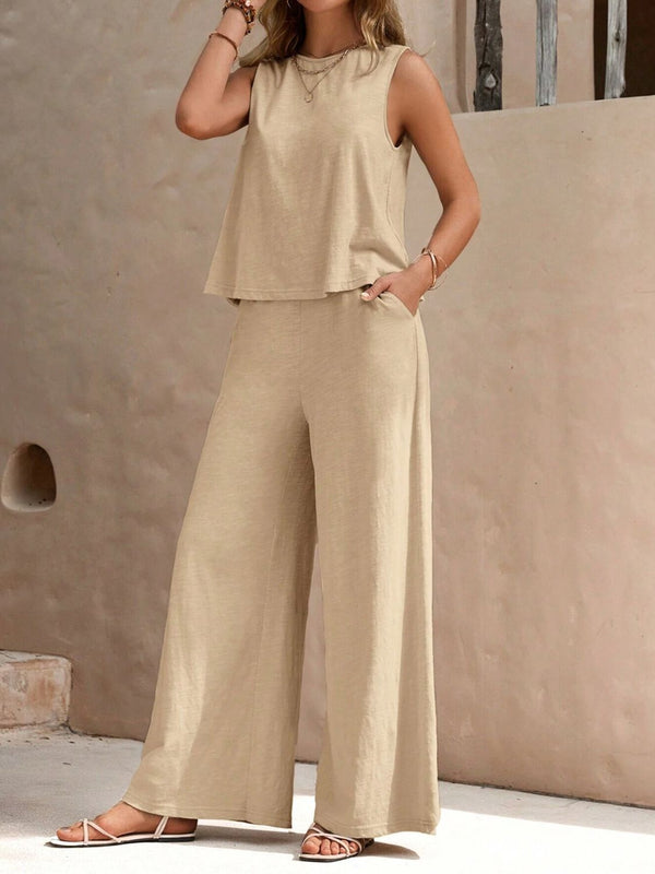 *5 COLORS* Round Neck Sleeveless Top and Wide Leg Pants Set