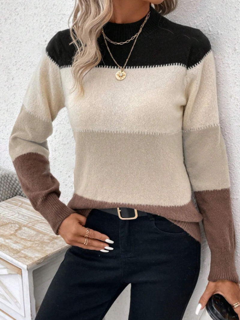 6 COLORS Color Block Mock Neck Long Sleeve Sweater