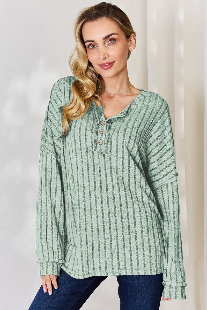 Ribbed Half Button Long Sleeve Top