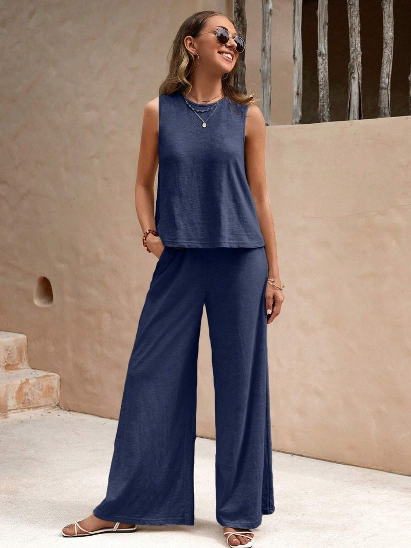 *5 COLORS* Round Neck Sleeveless Top and Wide Leg Pants Set