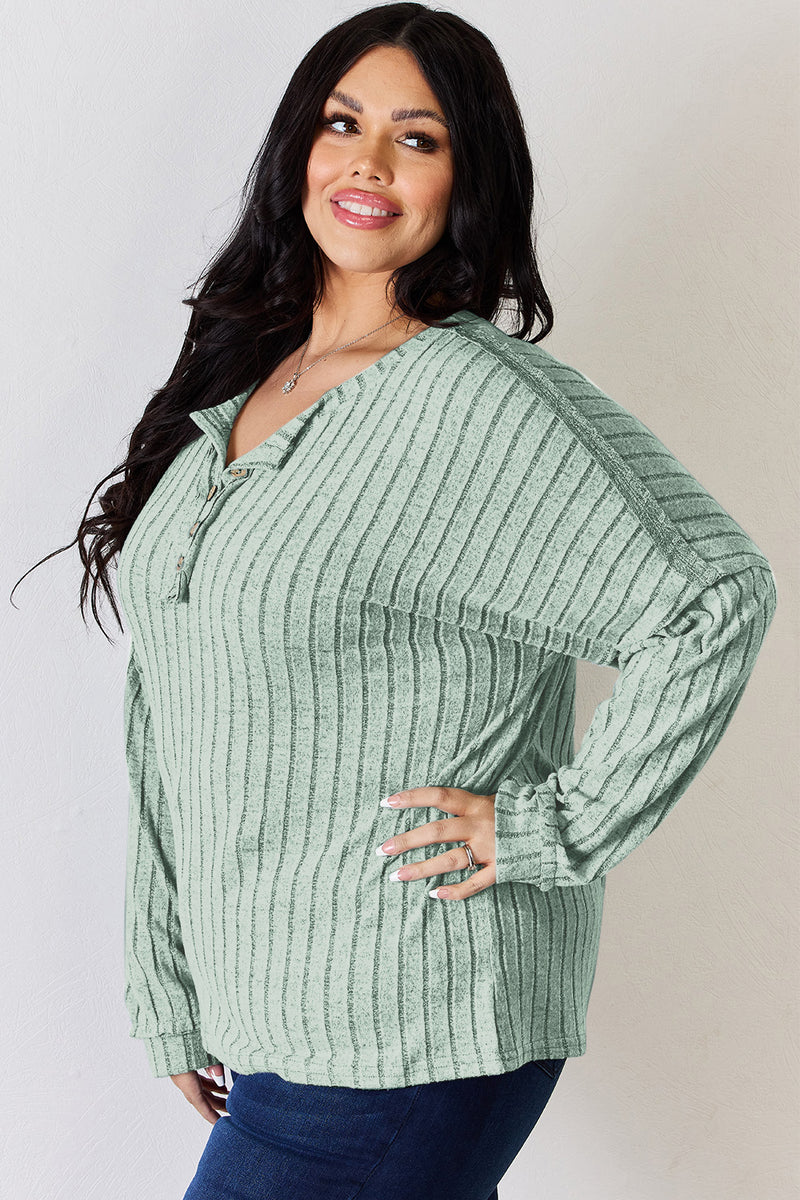 Ribbed Half Button Long Sleeve Top