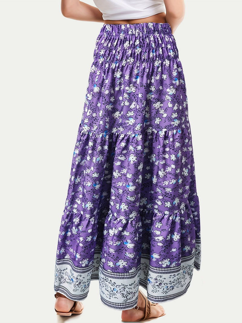 Boho Tiered Printed Elastic Waist Skirt