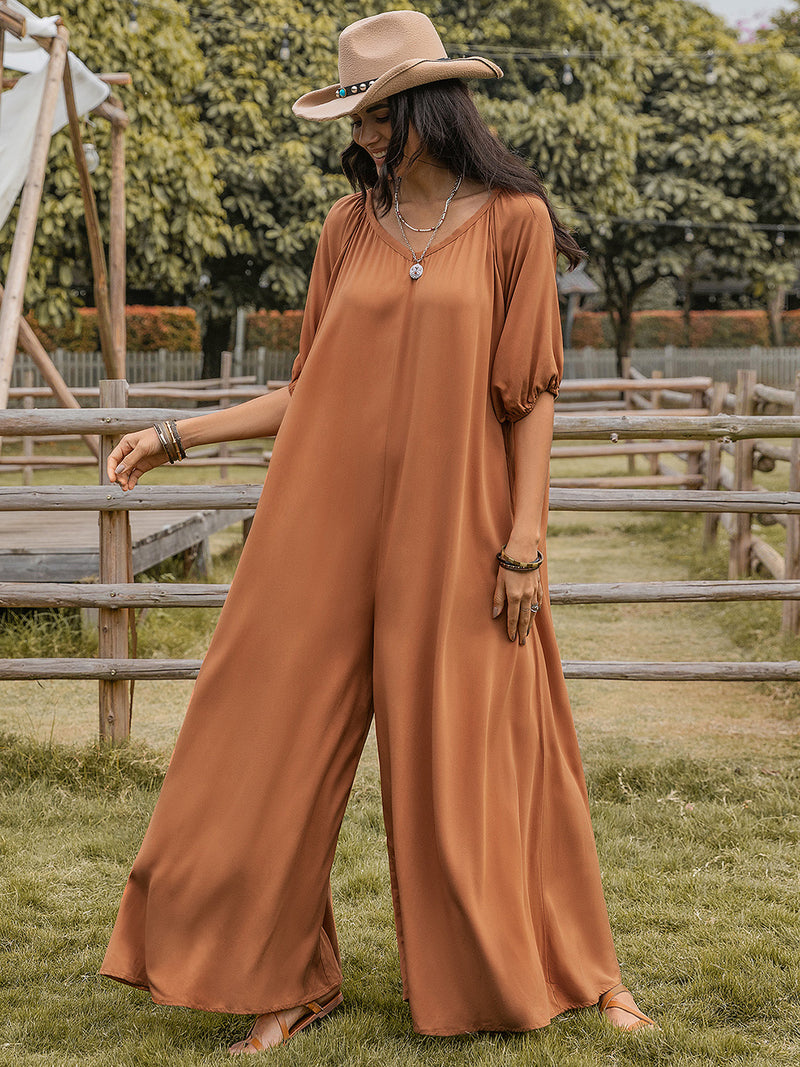 Teacher Approved Neck Half Sleeve Wide Leg Jumpsuit