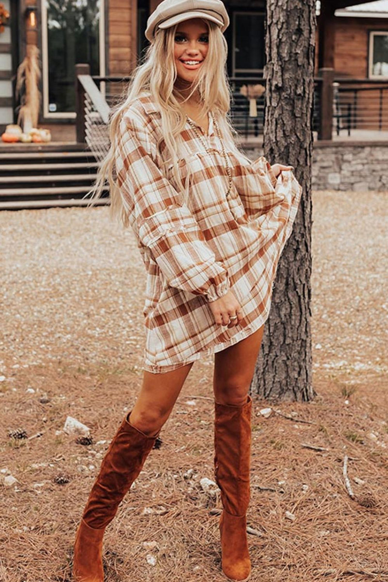 Plaid Collared Neck Long Sleeve Shirt Dress