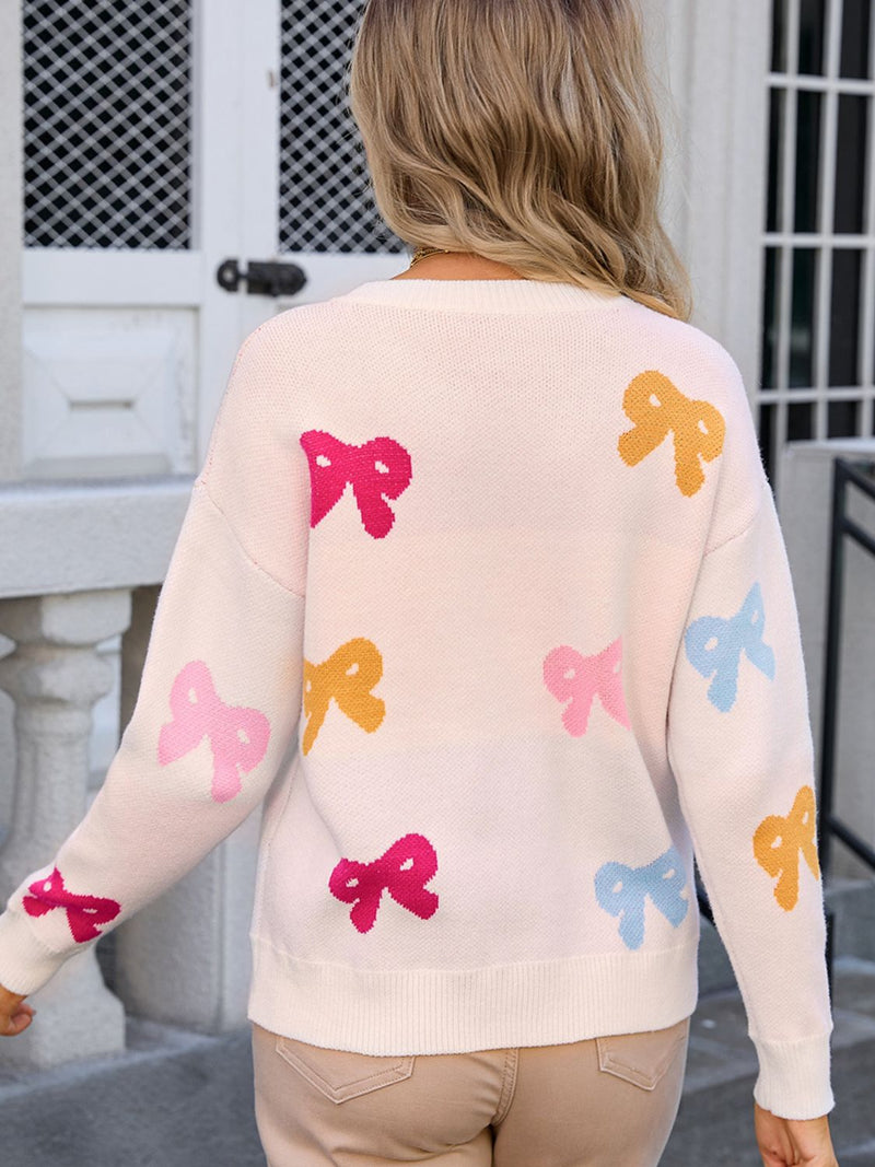 3 COLORS Bow Graphic Round Neck Long Sleeve Sweater