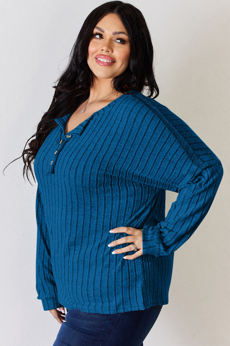 Ribbed Half Button Long Sleeve Top