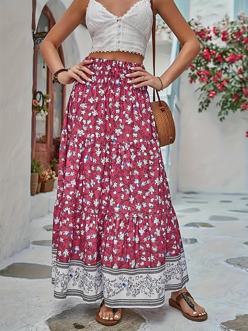 Boho Tiered Printed Elastic Waist Skirt