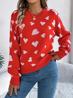 3 COLORS - Heart Round Neck Long Sleeve Sweater