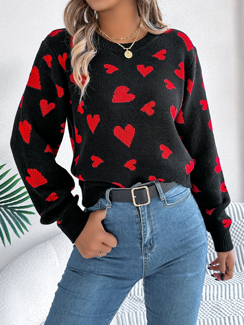 3 COLORS - Heart Round Neck Long Sleeve Sweater