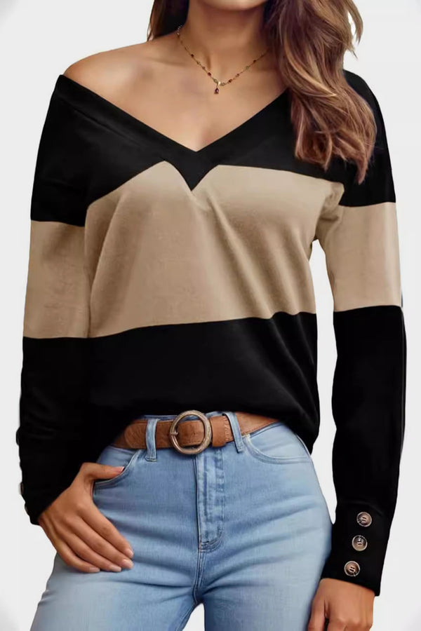 Decorative Button Contrast V-Neck Long Sleeve Top