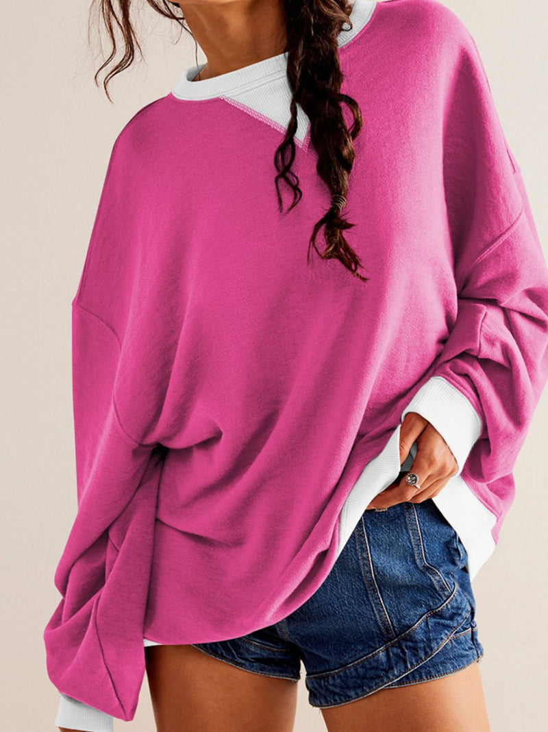 *6 COLORS* Contrast Trim Round Neck Long Sleeve Sweatshirt