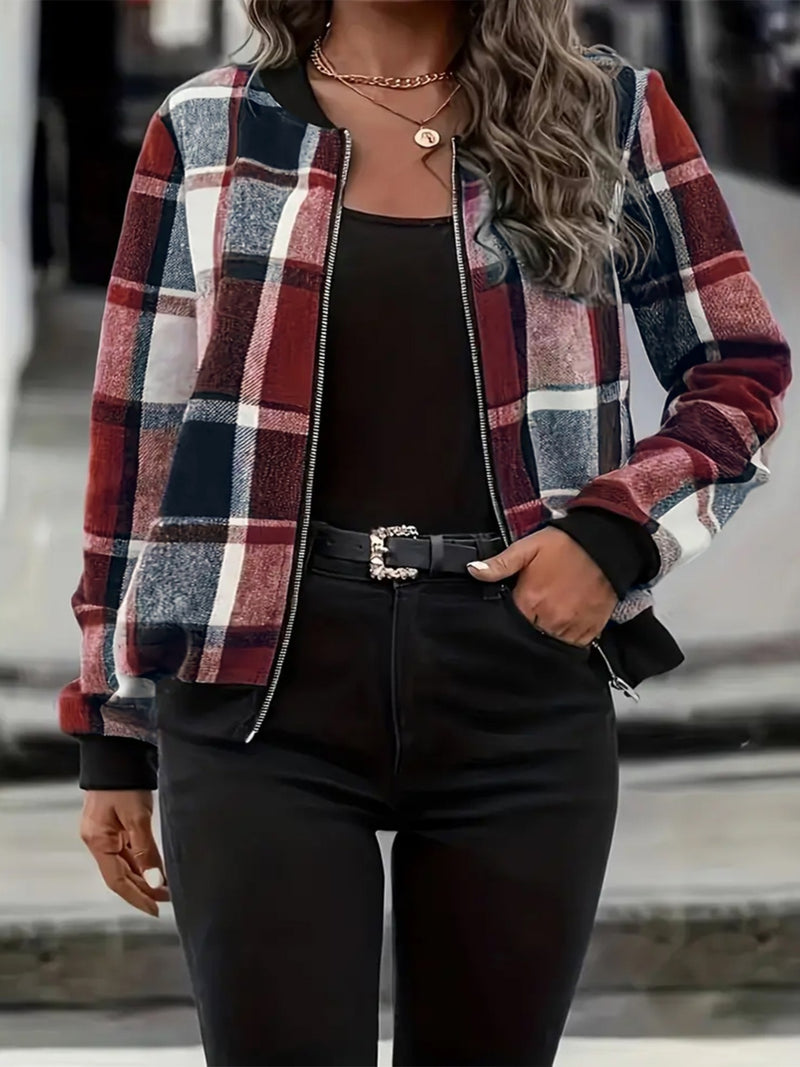 3 COLORS Plus Size Plaid Baseball Collar Zip Up Jacket