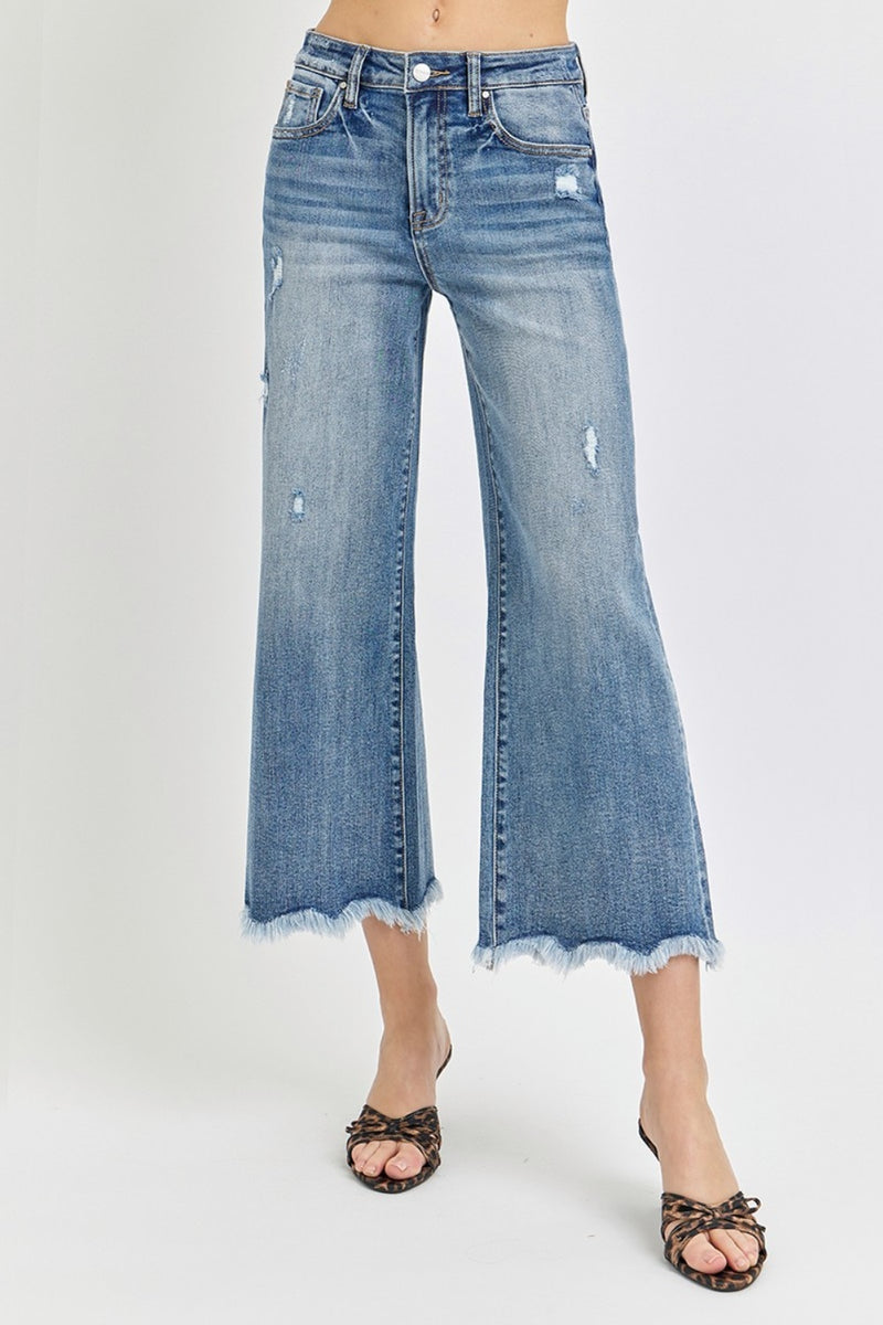 Wide Leg Cropped Jeans Frayed Hem Straight Leg Jeans Hi-rise Wide