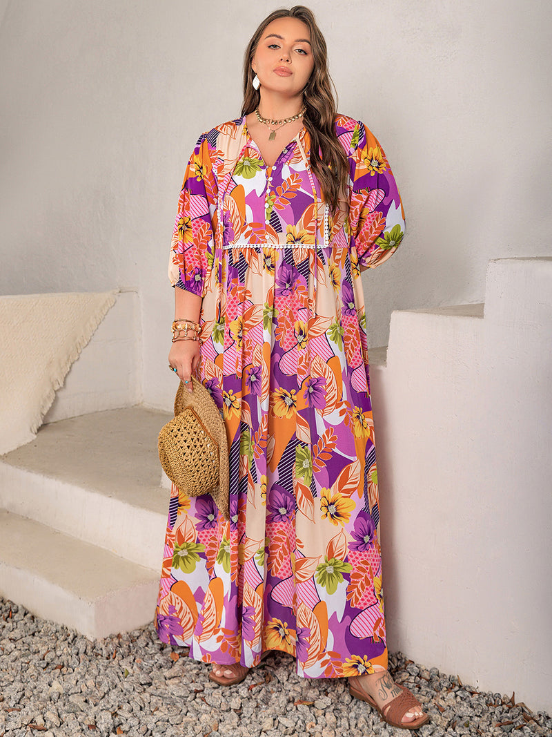 Plus Goddess Printed Tie Neck Maxi Dress