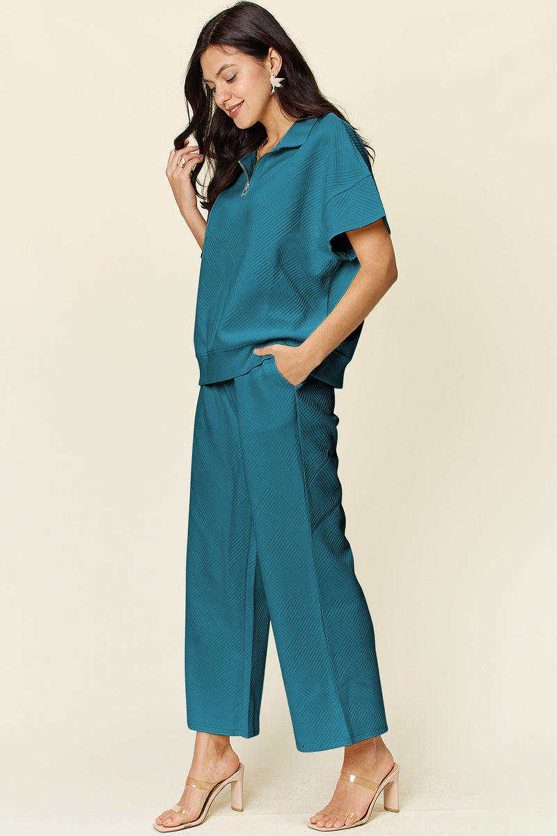 *6 COLORS* Double Take Textured Half Zip Short Sleeve Top and Pants Set