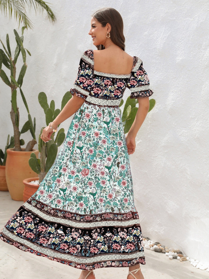 Summer Floral Flounce Sleeve Midi Dress