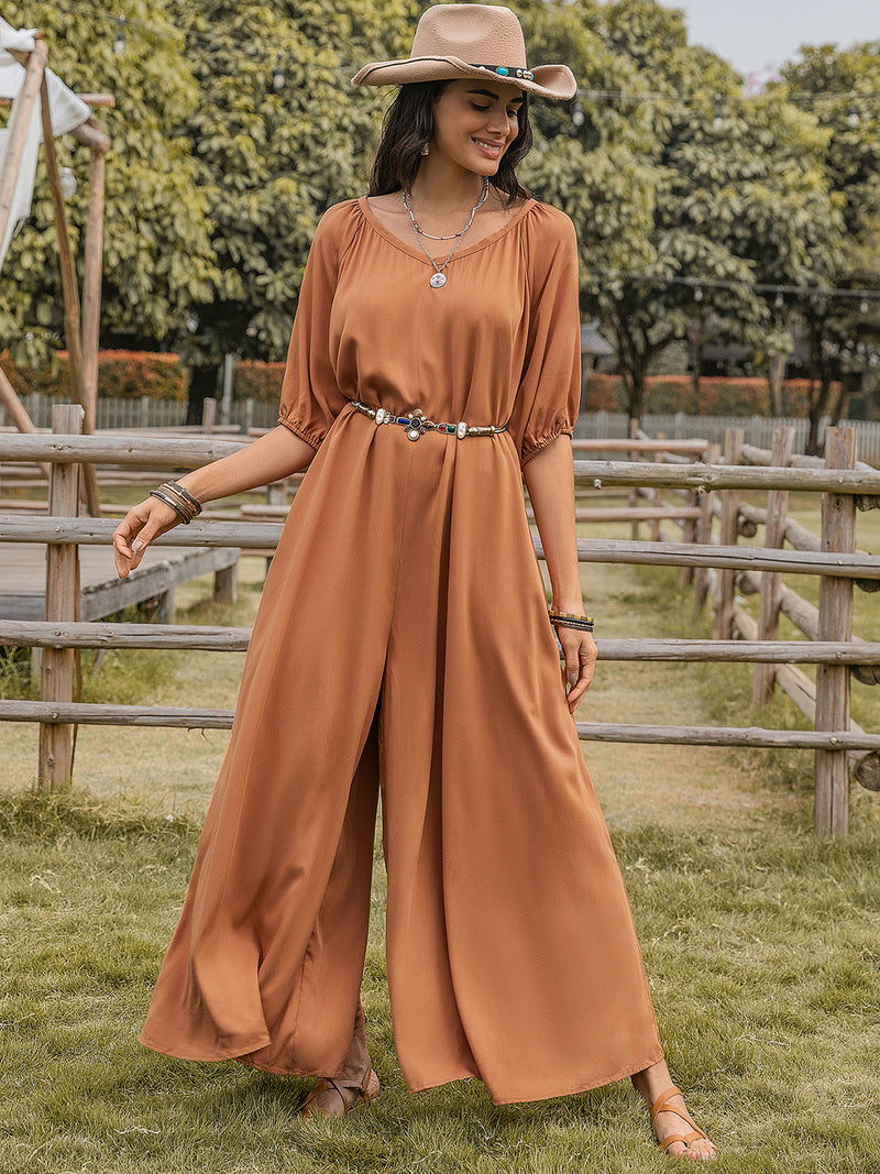 Teacher Approved Neck Half Sleeve Wide Leg Jumpsuit