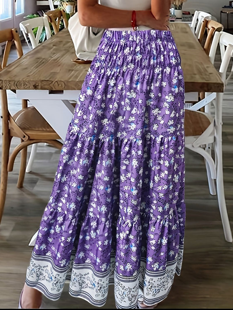 Boho Tiered Printed Elastic Waist Skirt