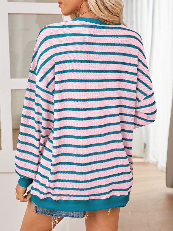 4 COLORS - Striped Contrast Long Sleeve Sweatshirt