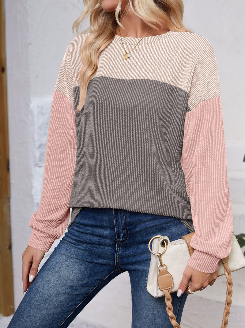 Color Block Round Neck Long Sleeve Sweatshirt