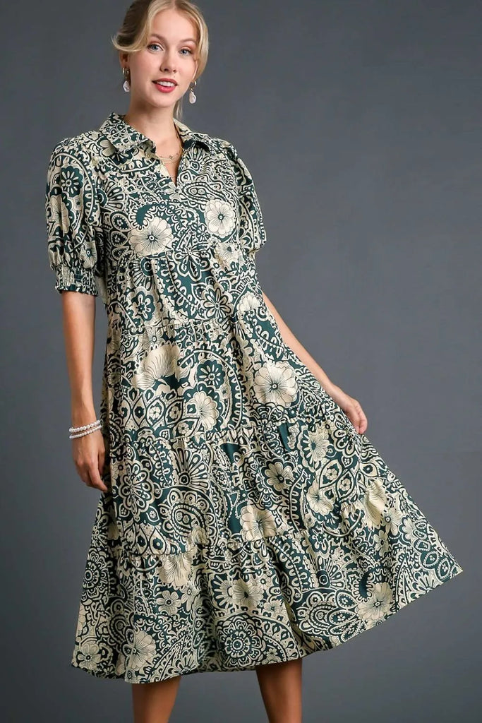 Printed Smocked Cuff Puff Sleeve Midi Dress Plus Size – Wild