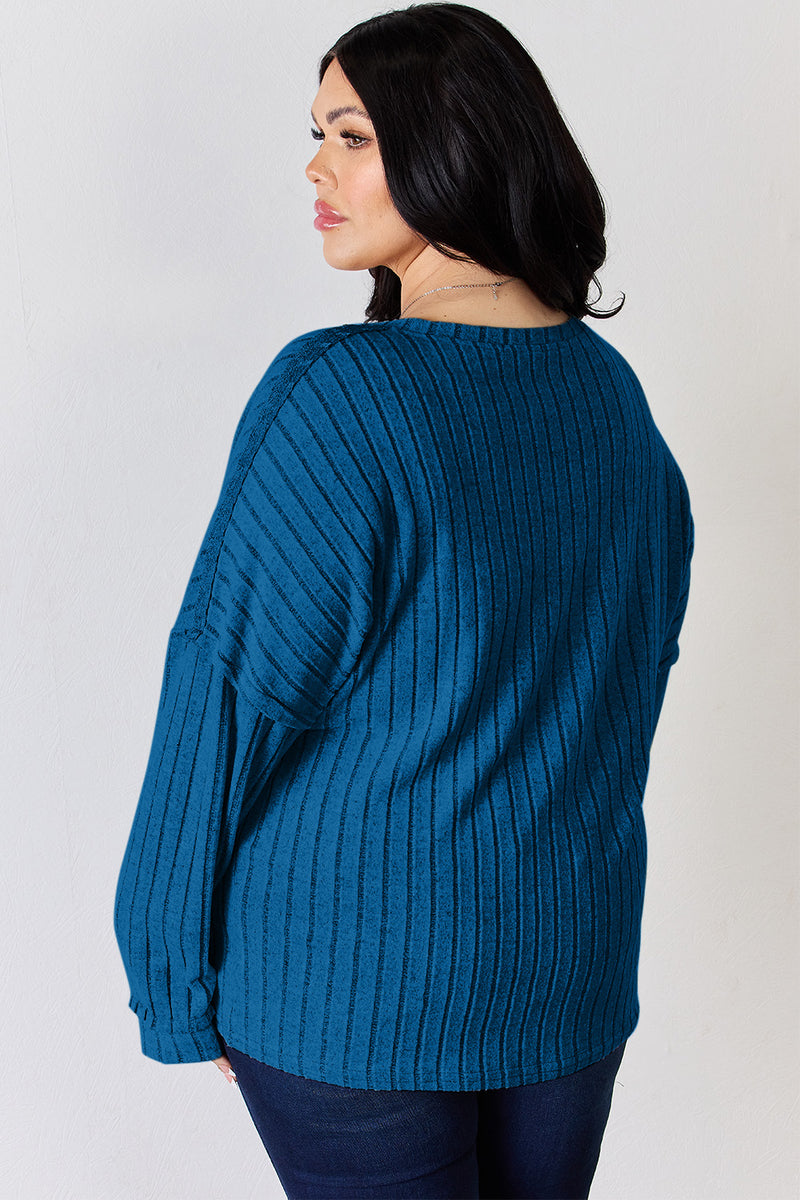 Ribbed Half Button Long Sleeve Top