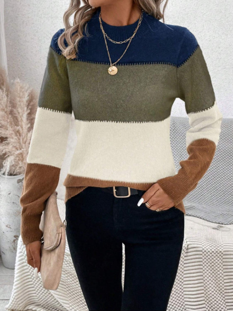 6 COLORS Color Block Mock Neck Long Sleeve Sweater