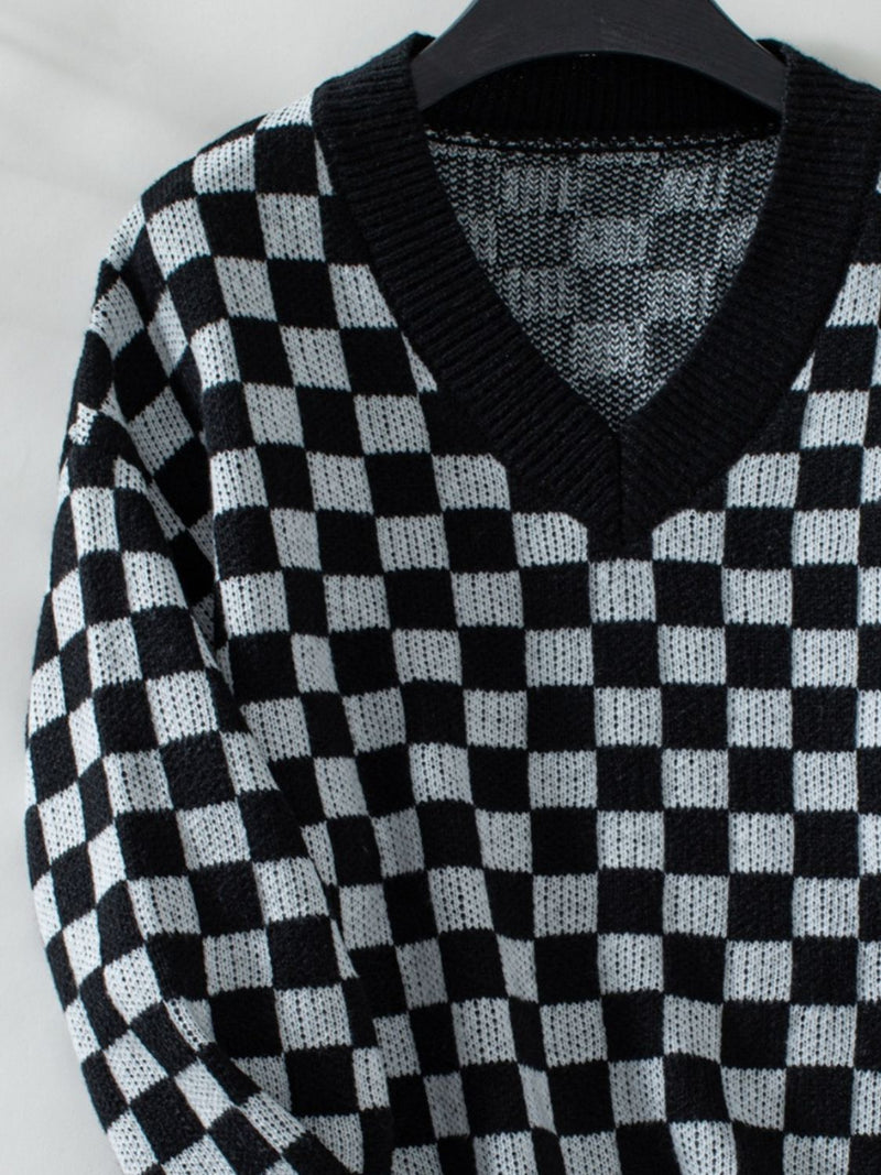 3 COLORS Checkered V-Neck Dropped Shoulder Sweater