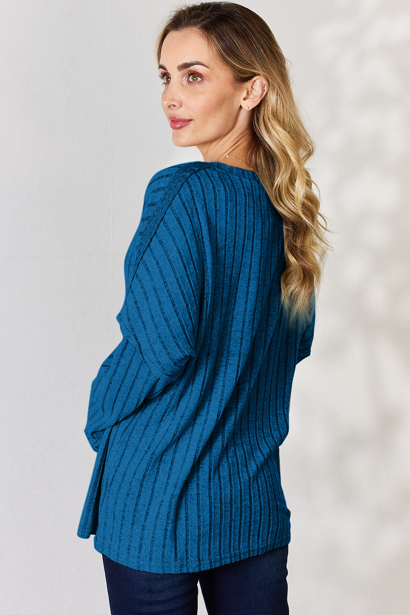 Ribbed Half Button Long Sleeve Top