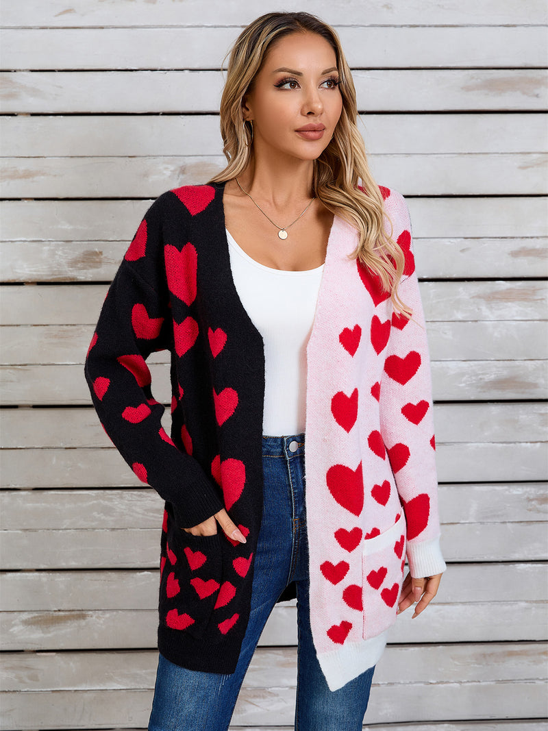 3 COLORS Heart Open Front Long Sleeve Cardigan