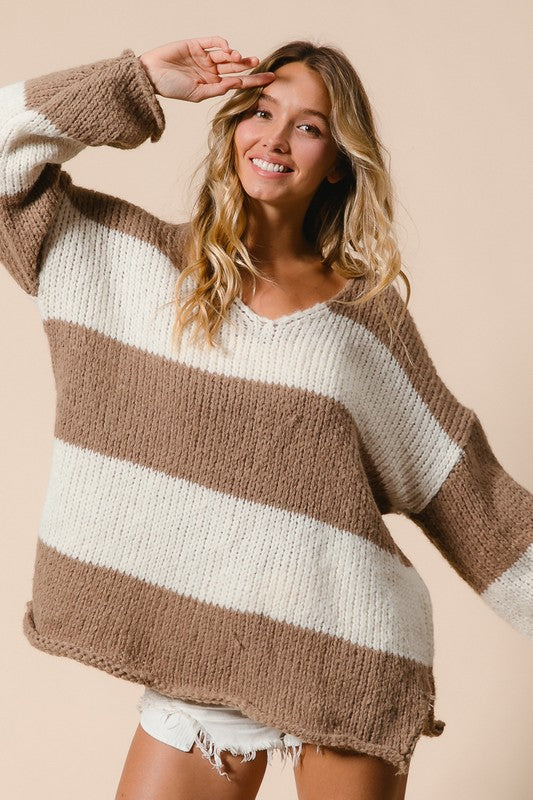 Slit Striped V-Neck Dropped Shoulder Sweater